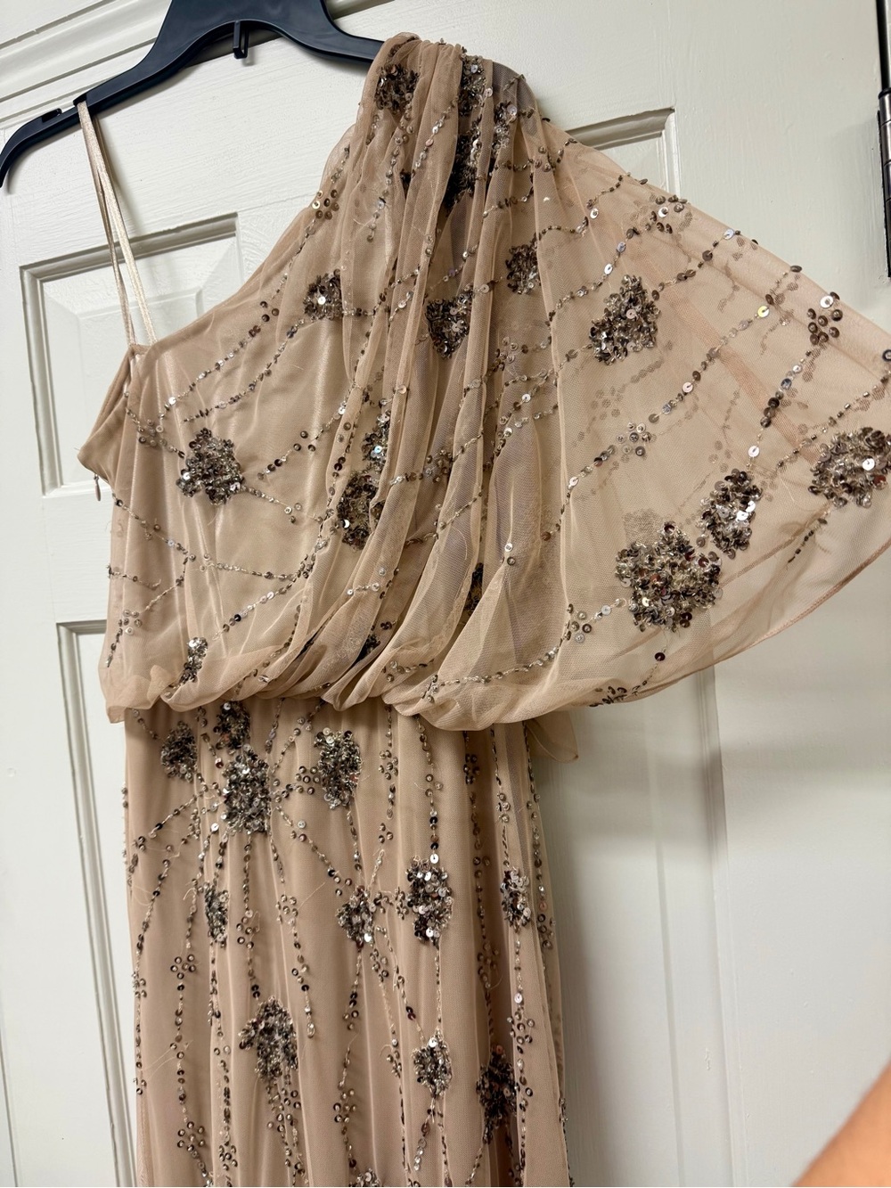 Adrianna Papell One Shoulder Beaded Sequin Tulle Gown Nude Size 8